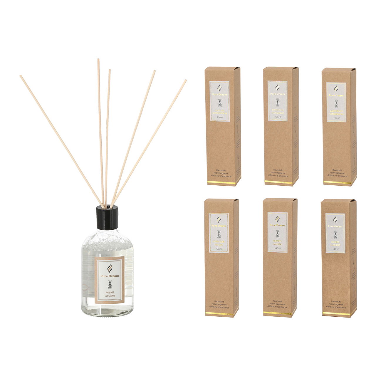 Parfum d'intérieur Classic avec bouchon de sécurité en verre, 6x bâtonnets de rotin, 6x, lavande/océan/rose/vanille/citrus/musk, 100ml