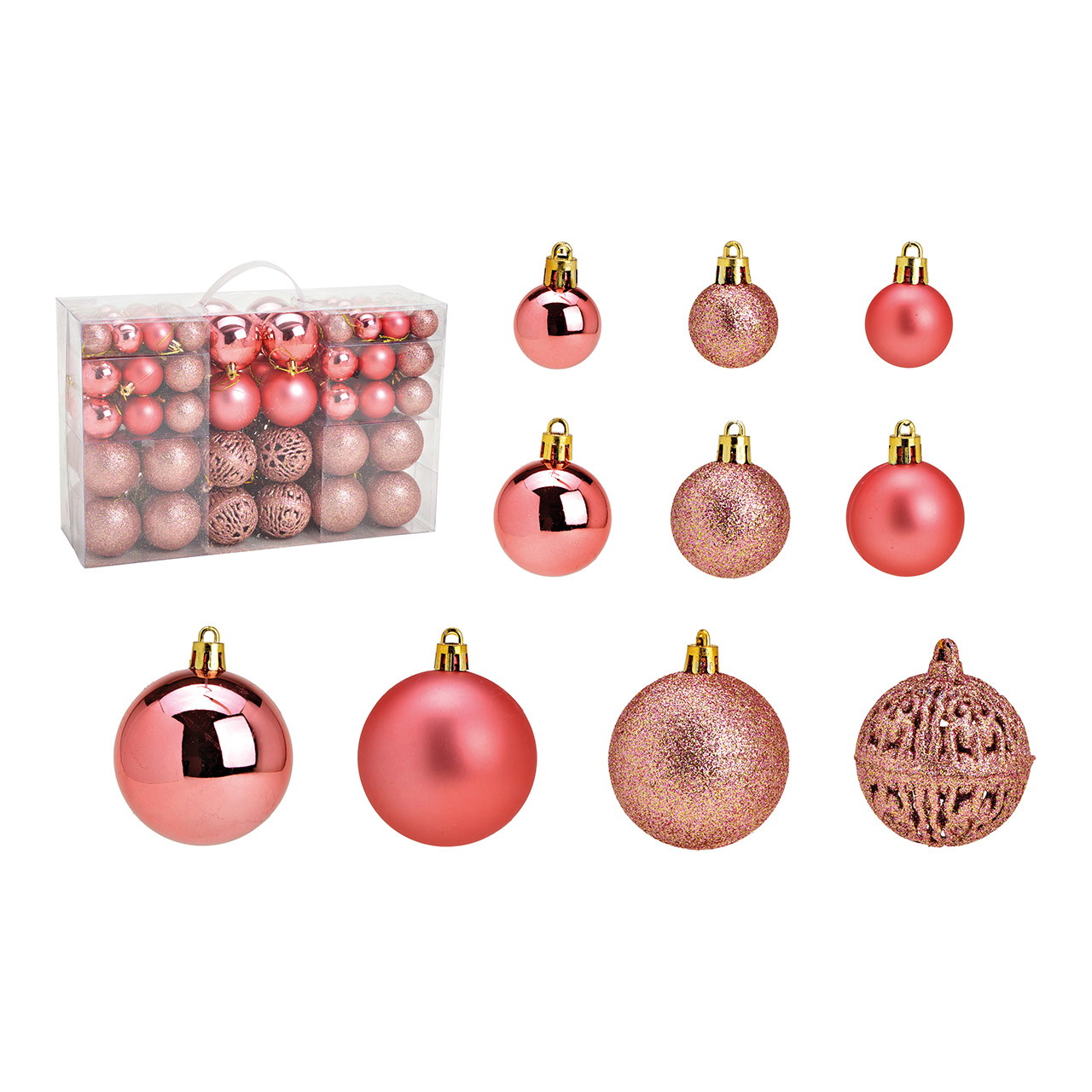 Baubles natalizi in plastica, set di 100, rosa/rosa Ø3/4/6cm (L/H/D) 23x35x12cm Baubles natalizi in plastica, set di 100, rosa/rosa Ø3/4/6cm (L/H/D) 23x35x12cm