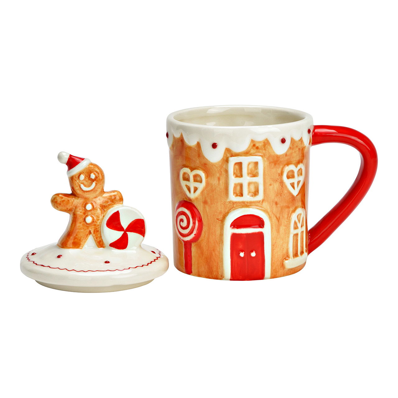 Jumbo mug gingerbread house decor with lid made of ceramic, brown/red (W/H/D) 13x17x9cm 450ml