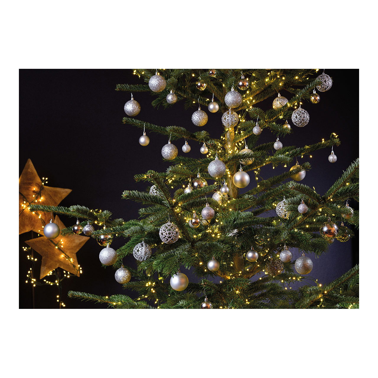 Weihnachtskugeln aus Kunststoff, 100er-Set, Silber Ø3/4/6cm (B/H/T) 23x35x12cm Baum, Weihnachten, Weihnachtsdekorationen, Festival, Weihnachtsbaum