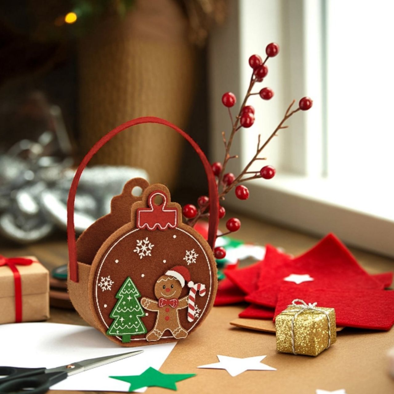 Tasche Weihnachts Dekor aus Filz, Braun (B/H/T) 15x25x7cm
