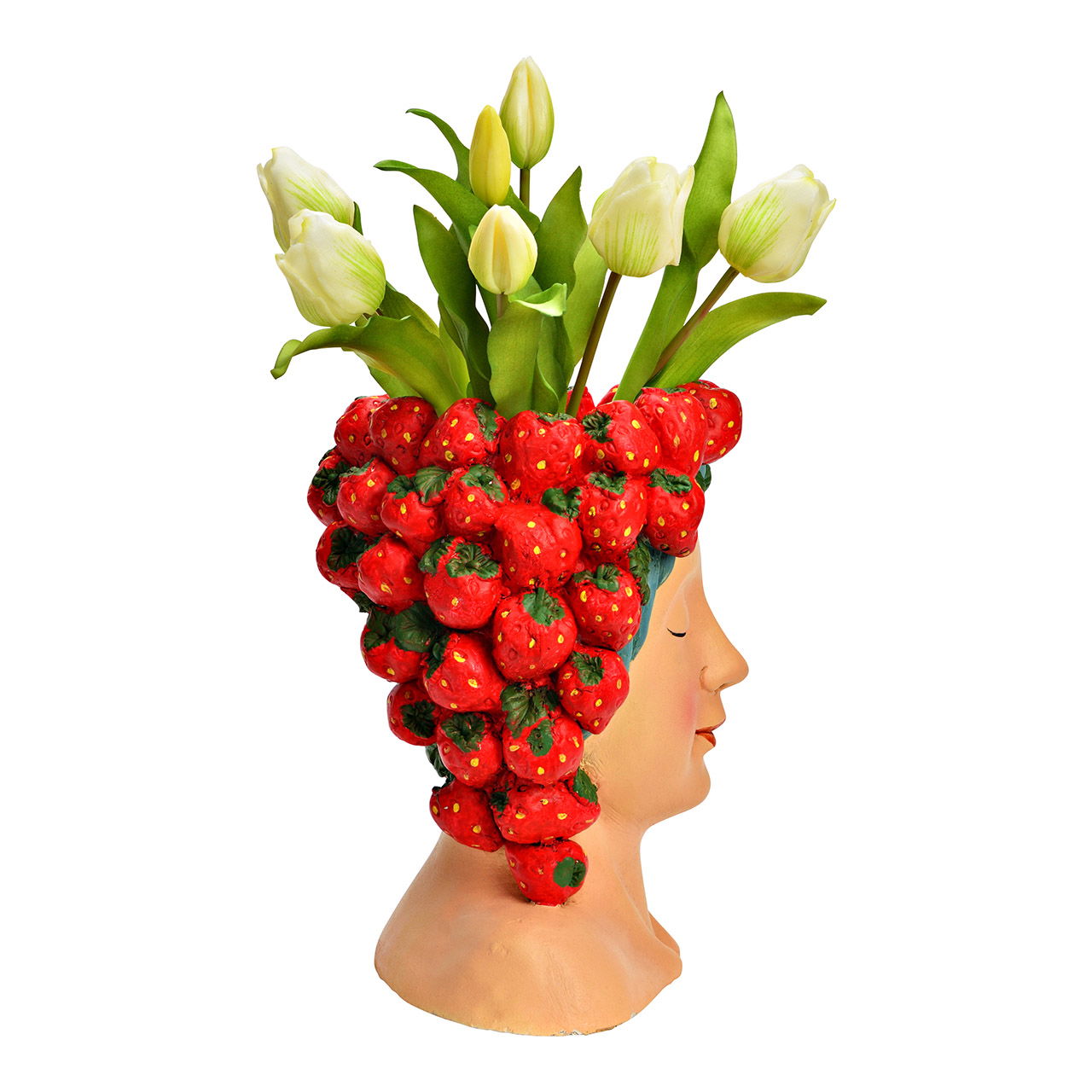 Pot de fleurs tête de femme avec fraises en magnésie, rose/rouge (L/H/P) 22x28x21cm Pot de fleurs tête de femme avec fraises en magnésie, rose/rouge (L/H/P) 22x28x21cm