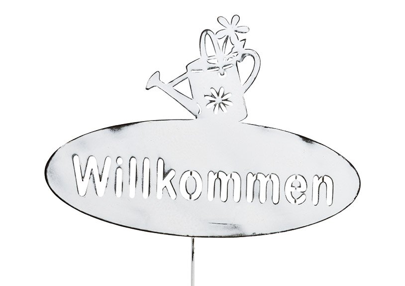 Stecker, Willkommen, Gießkanne Dekor, aus Metall weiß (B/H) 28x79cm