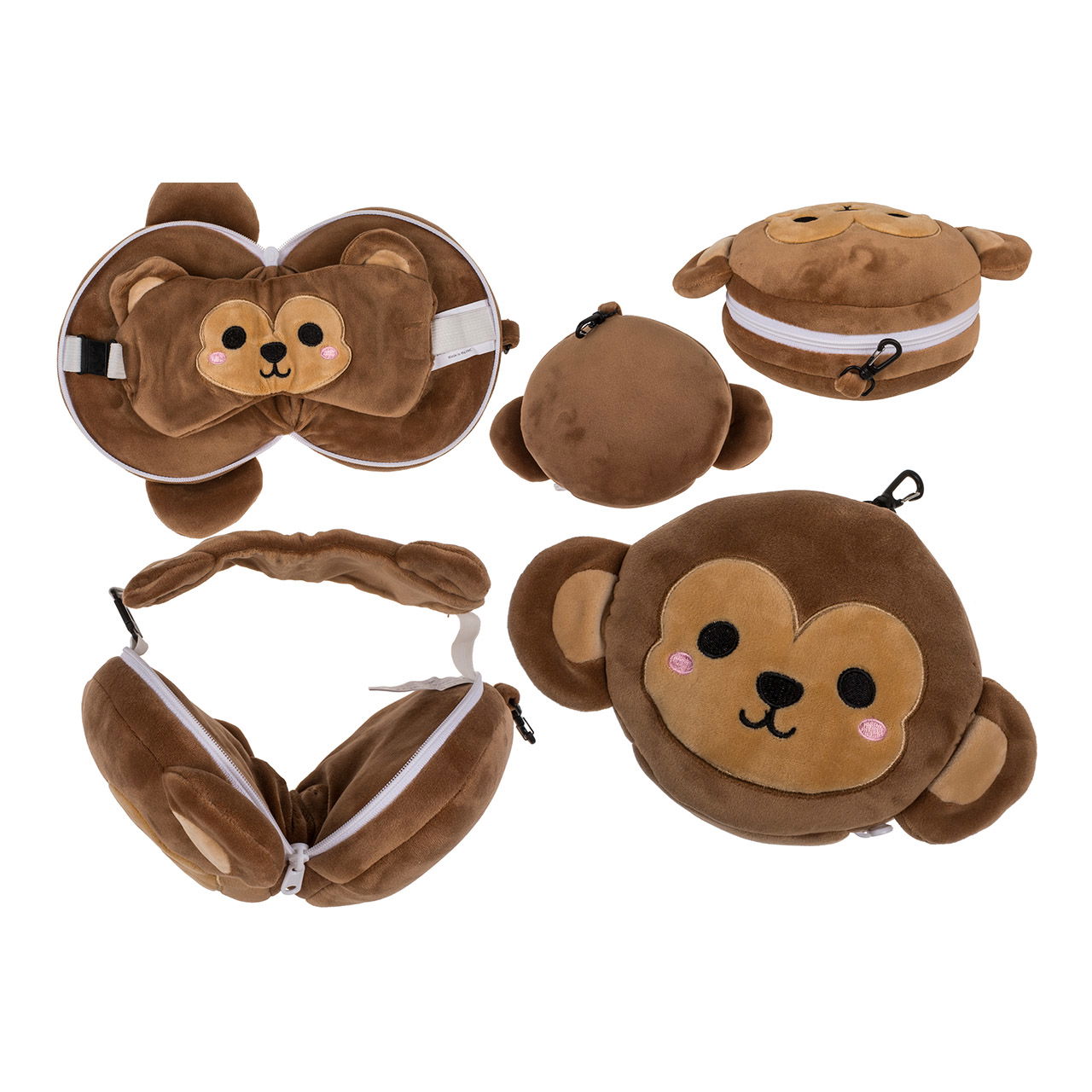Coussin de voyage en peluche pour enfants avec masque pour les yeux Singe en textile brun (L/H/P) 13x22x10cm