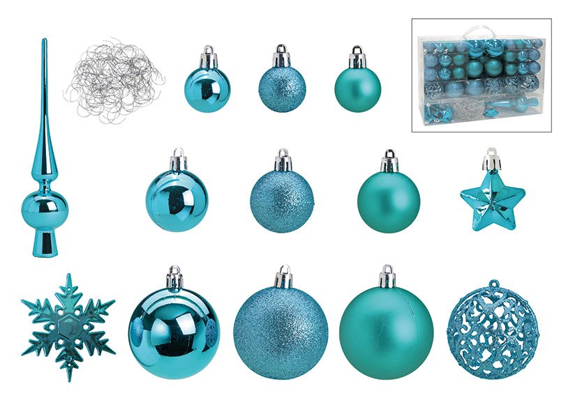 Set de boules de Noël en plastique Turquoise Set de 111, (L/H/P) 36x23x12cm Ø 3/4/6 cm