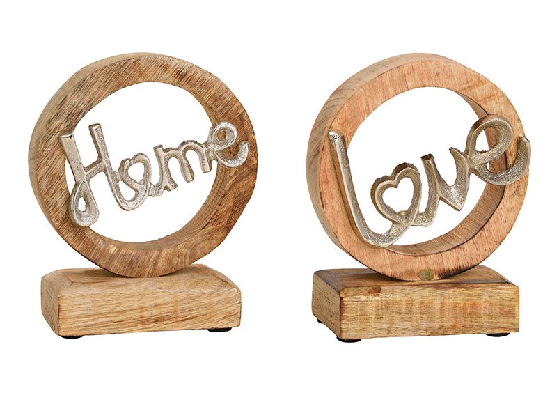 Expositor, círculo, con letras metálicas Love, Home, madera de mango, marrón 2 pliegues, (A/H/D) 12x15x5cm