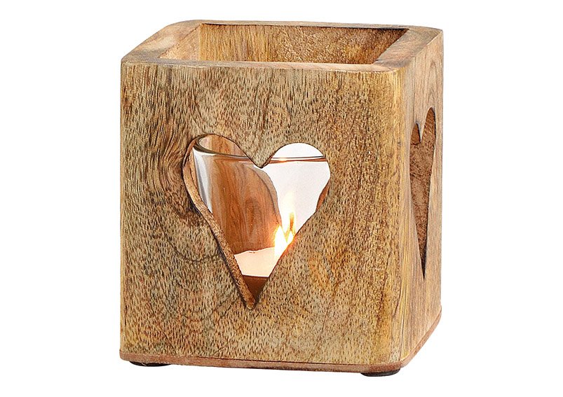 Viento ligero decoración de corazón de madera de mango, vidrio marrón (c/h/d) 9x9x9cm