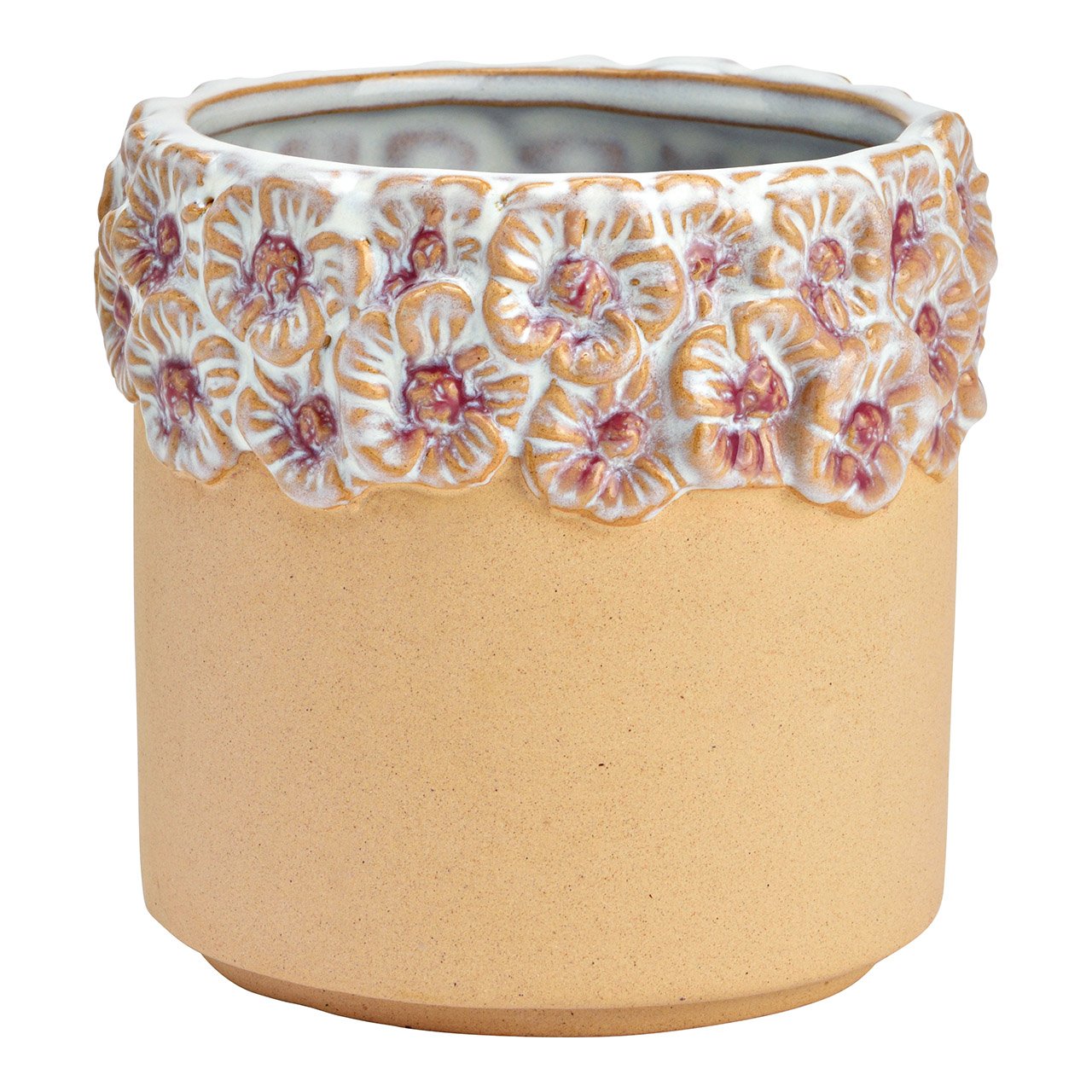 Pot de fleurs décor couronne de fleurs en faïence beige/lilas (L/H/P) 11x11x11cm