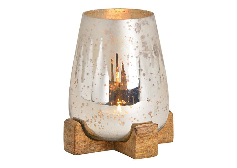 Lanterna su base di legno di mango di vetro champagne (L/H/D) 12x15x12cm