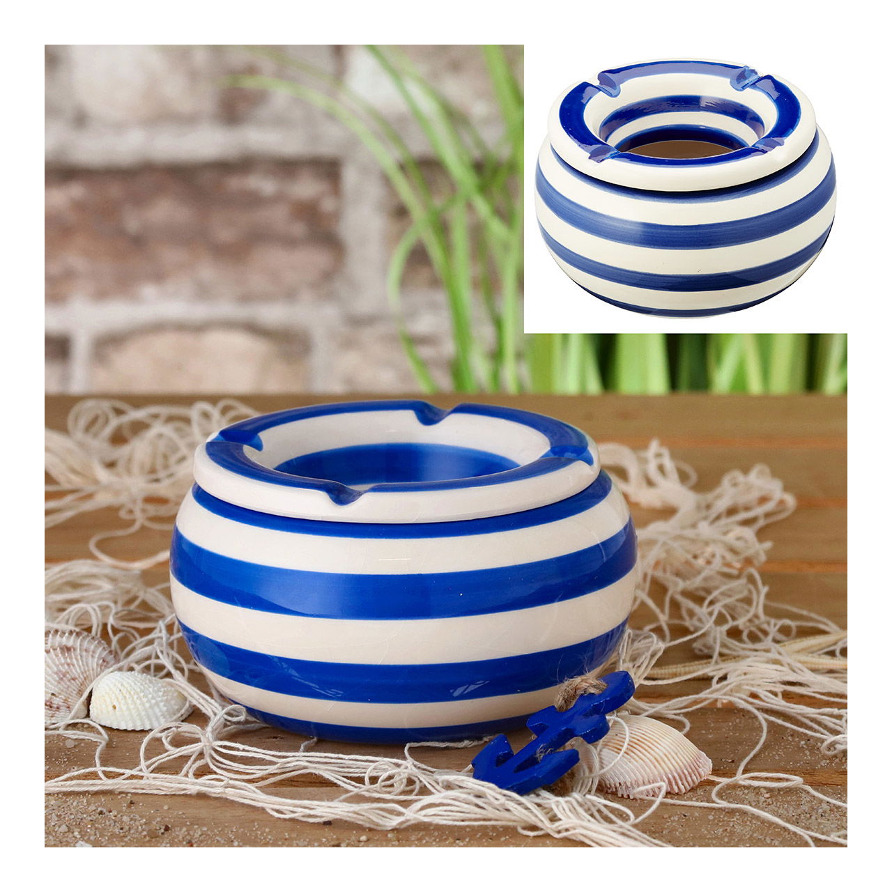 Posacenere Storm blu nautico a righe bianche in ceramica blu (L/H/D) 13x7x13cm