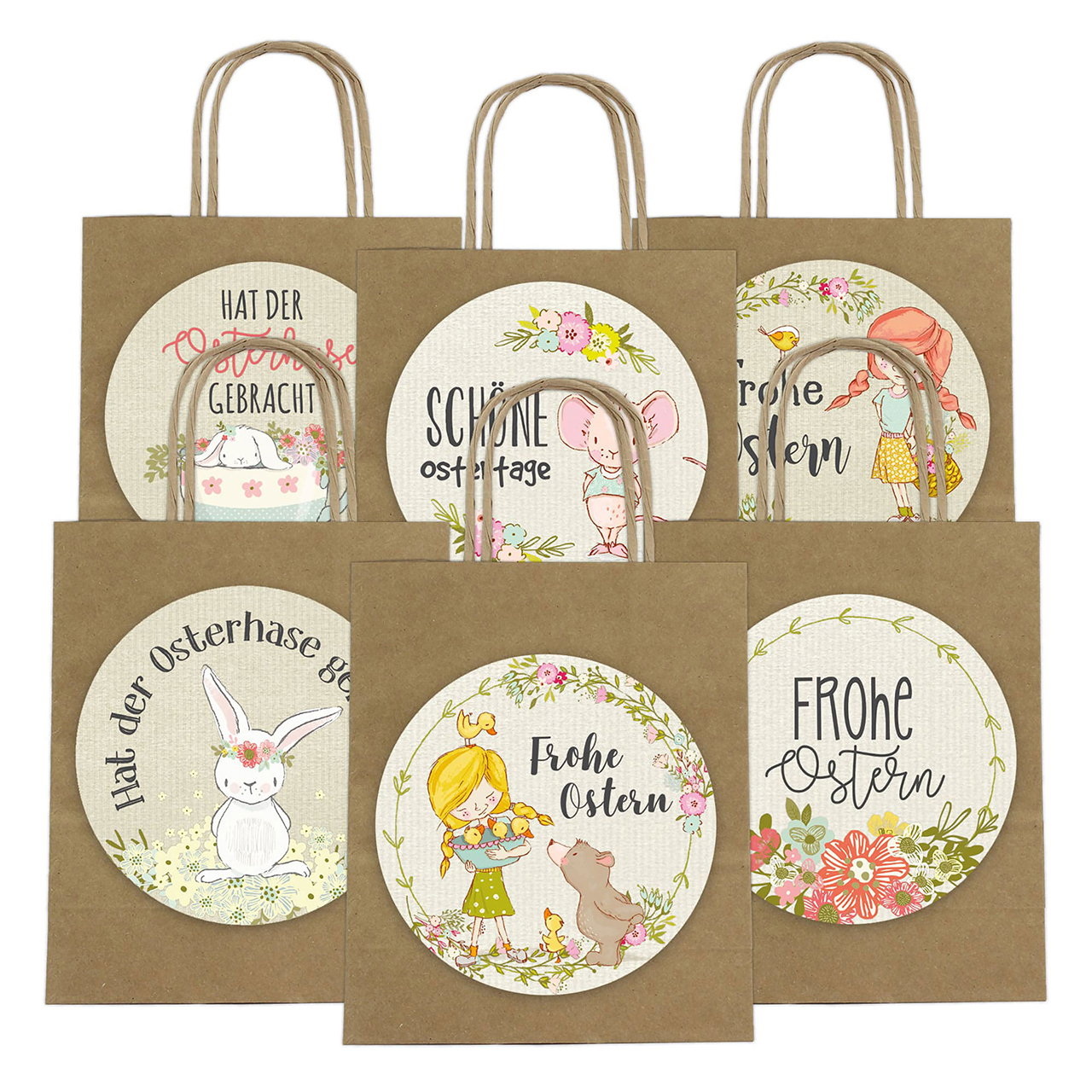 XXL Sacs de Pâques Anse en papier/carton, set de 6, brun (L/H/P) 18x22x8cm Autocollants Ø 14 cm Tasche, Tragetasche, Person, Zubehör, Handtasche