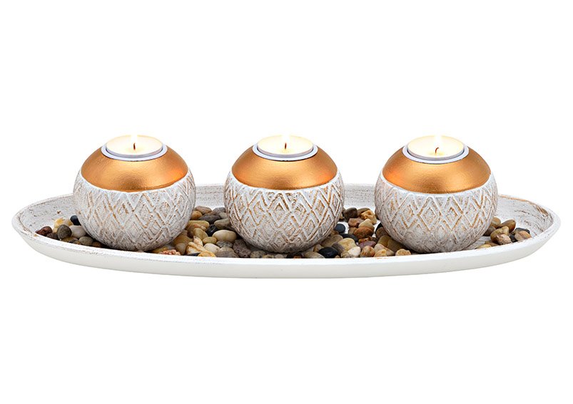 Teelichthalter 3er auf Tablett mit Stein aus Holz Weiß, gold (B/H/T) 39x10x14cm