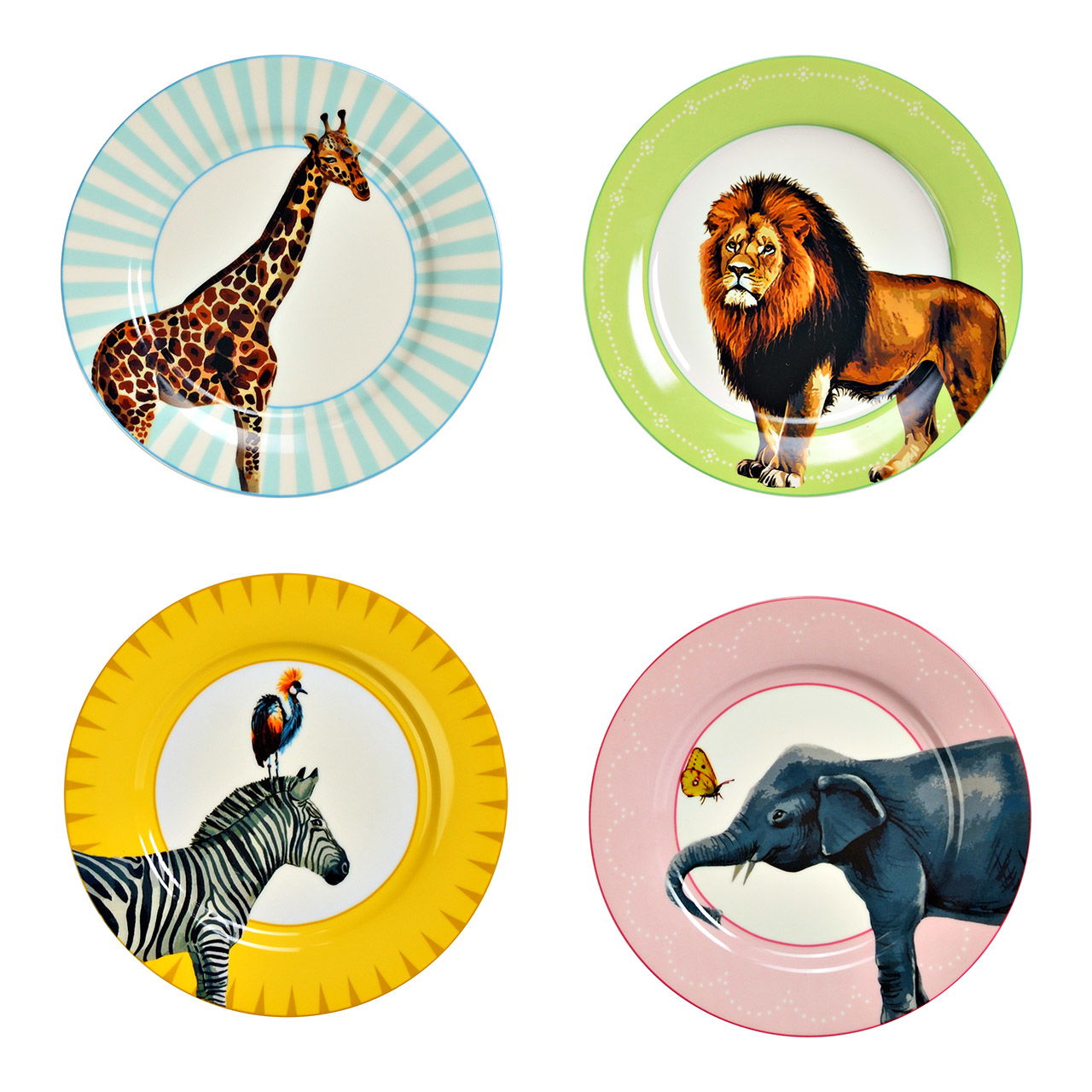 Teller Wildtier Dekor aus Porzellan, 4-fach, Gelb/Rosa/Grün/Blau Ø19cmx1cm Löwe, Mahlzeit, Zebra, Elefant, Giraffe