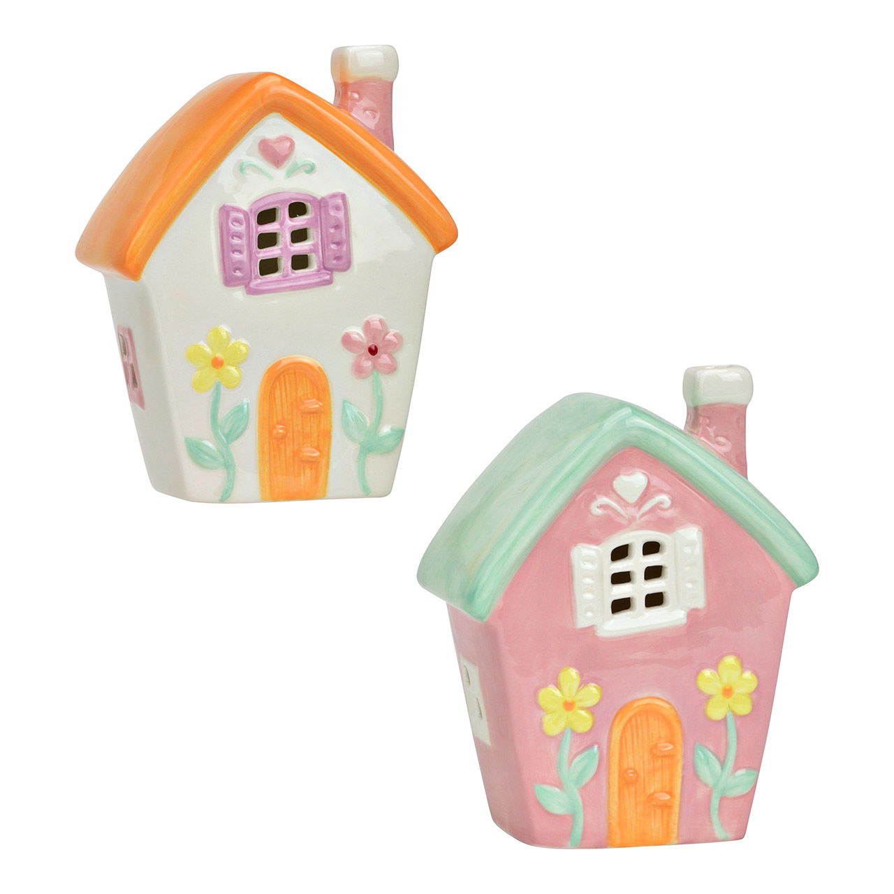 Lichthaus Blumen Dekor aus Keramik, 2-fach, Bunt (B/H/T) 11x15x7cm
