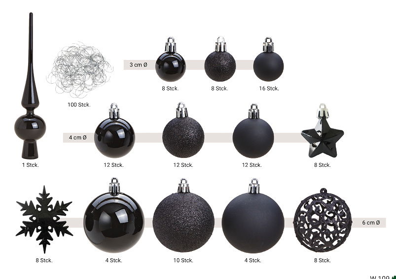 Set de boules de Noël en plastique Noir 111 pièces, (L/H/P) 36x23x12cm Ø 3/4/6 cm