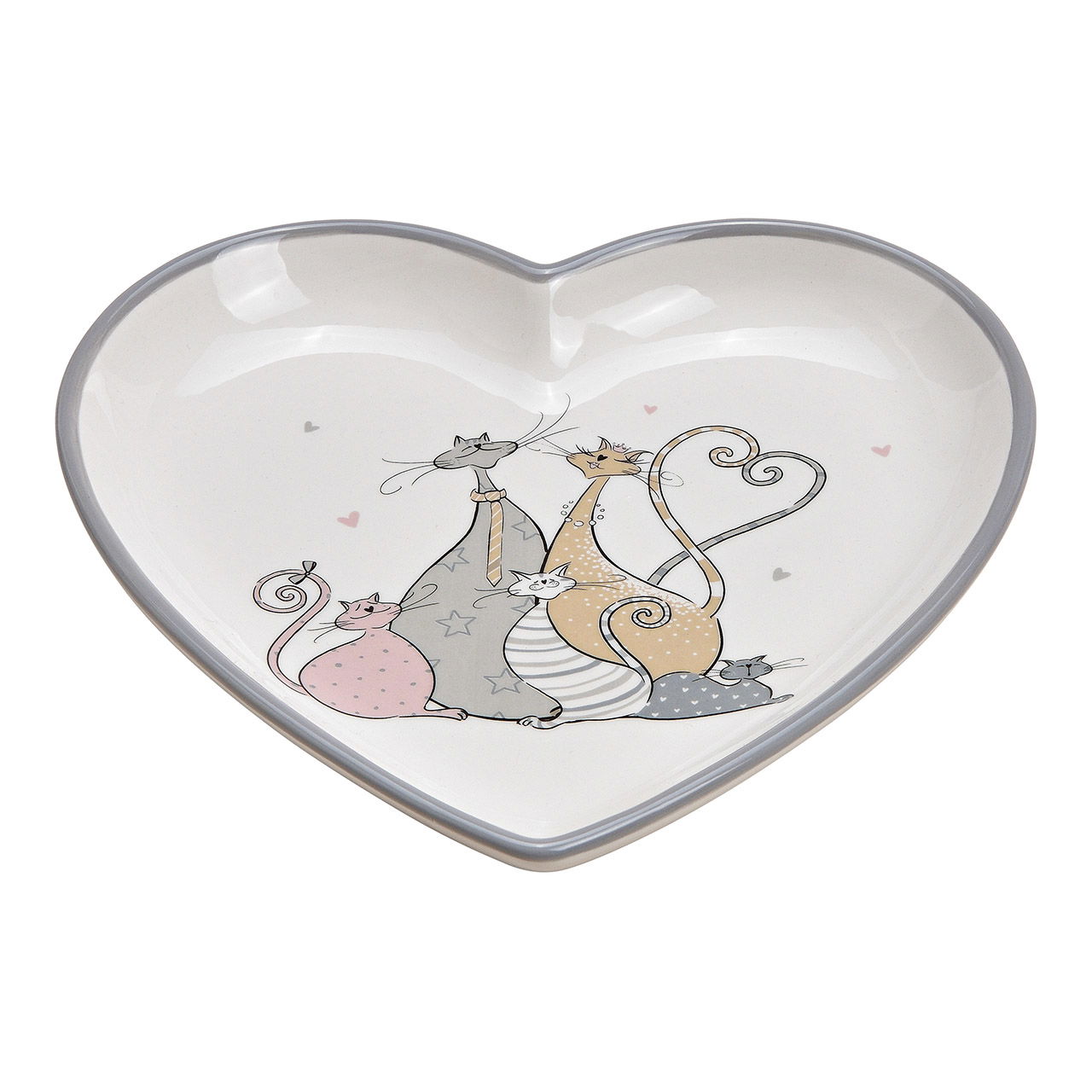 Plate heart cat-family decor ceramic grey, 20x3x20cm