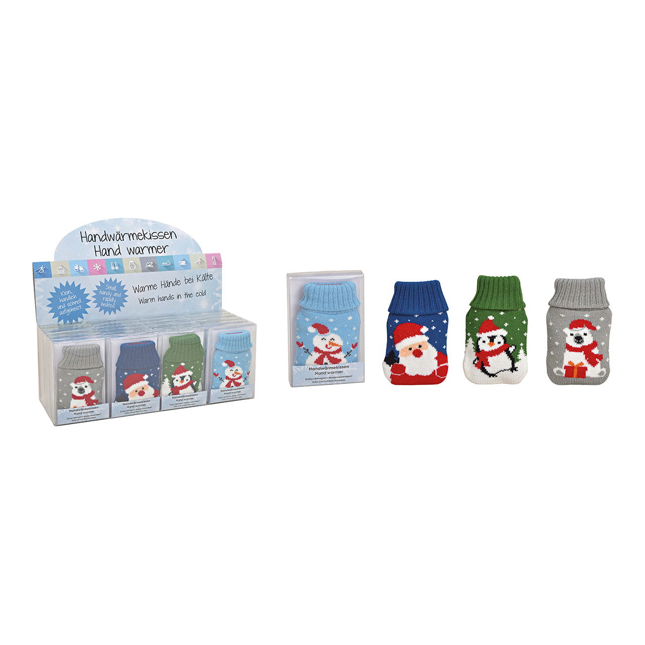 Pocketwarmer kerstman, pinguïns, beer, sneeuwpop gebreide hoes van plastic gekleurd 4-voudig, (w/h/d) 7x12x1cm