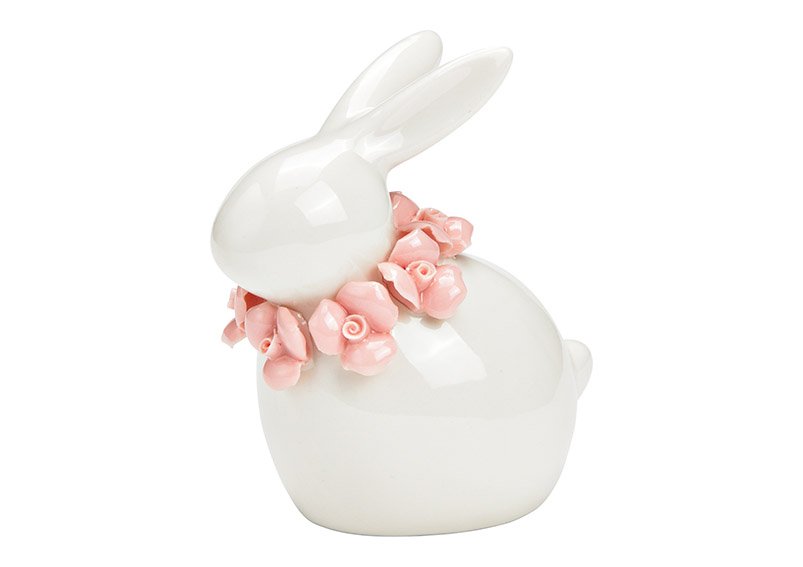 Coniglietto con corona di fiori in ceramica bianca (L/H/D) 8x9x5cm