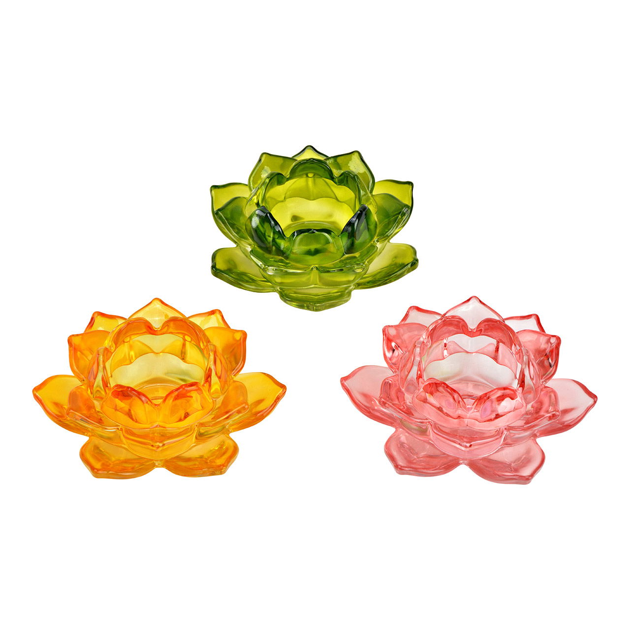 Tea light holder Lotus made of glass 3-fold, green/yellow/pink (W/H/D) 12x5x12cm