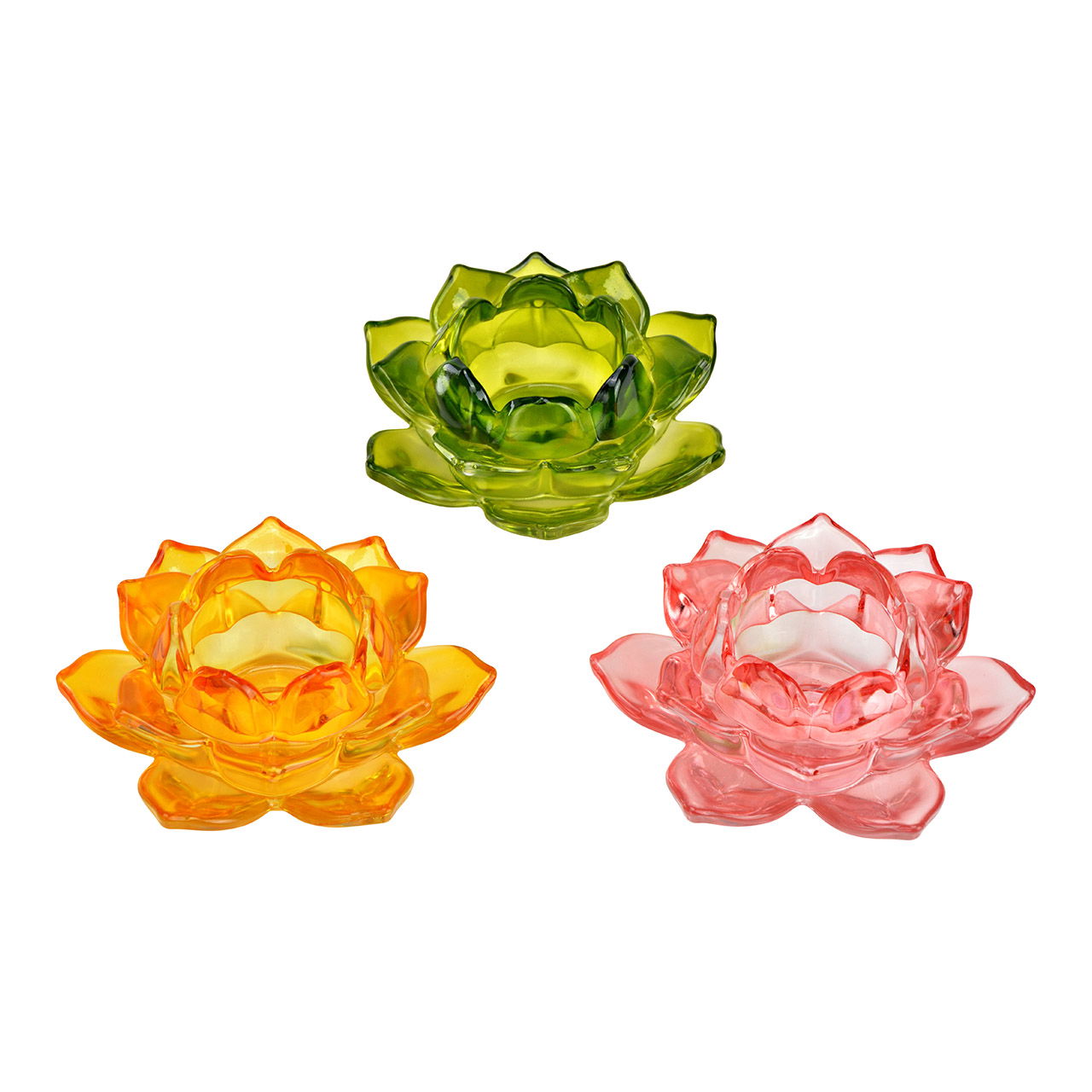 Teelichthalter Lotus aus Glas 3-fach, Grün/Gelb/Pink (B/H/T) 12x5x12cm Teelichthalter Lotus aus Glas 3-fach, Grün/Gelb/Pink (B/H/T) 12x5x12cm
