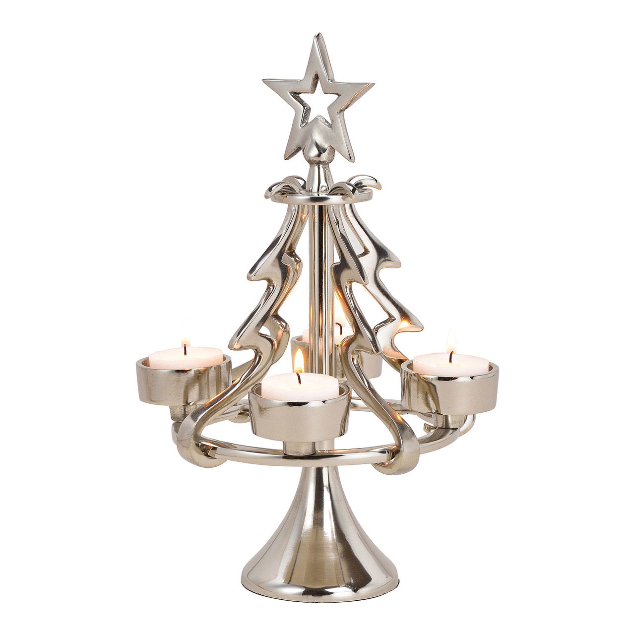 Adventskranz Tannenbaum für 4 Teelichter aus Metall, Silber (B/H/T) 18x28x18cm Leuchter, Lampe