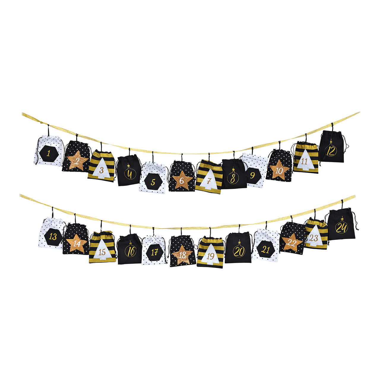Adventskalender aus Textil, 24 Säckchen (B/H) 10x12cm, Schwarz/Gold/Weiß 260cm Adventskalender aus Textil, 24 Säckchen (B/H) 10x12cm, Schwarz/Gold/Weiß 260cm