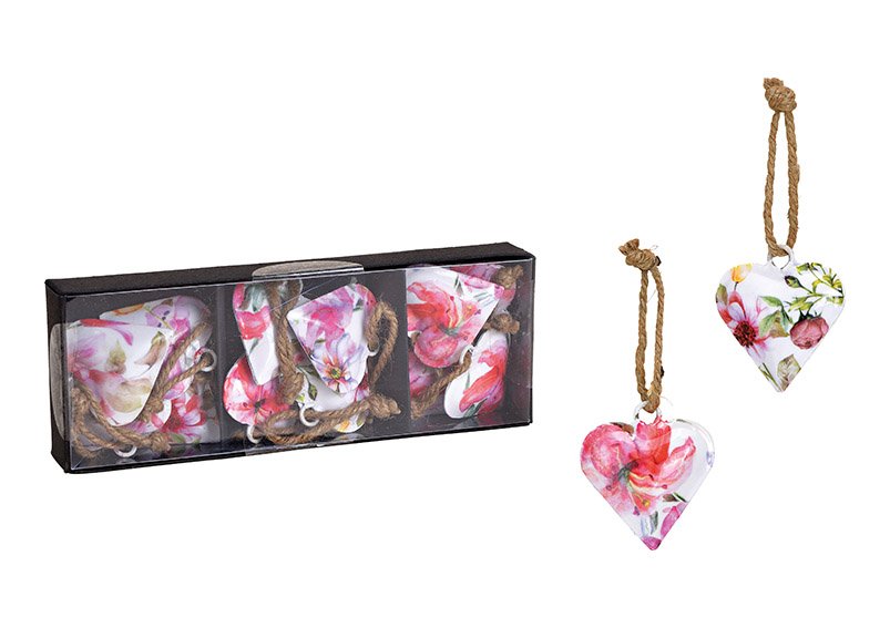 Colgante flores de corazón de metal coloreado (c/h/d) 5x5x1cm 12 uds. en caja de ventana