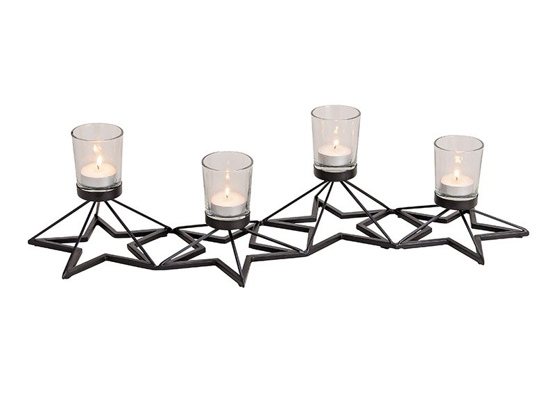 Christmas tealightholder, star design, with 4 pcs windlight glass, made of metal, black color, 58x14x23cm