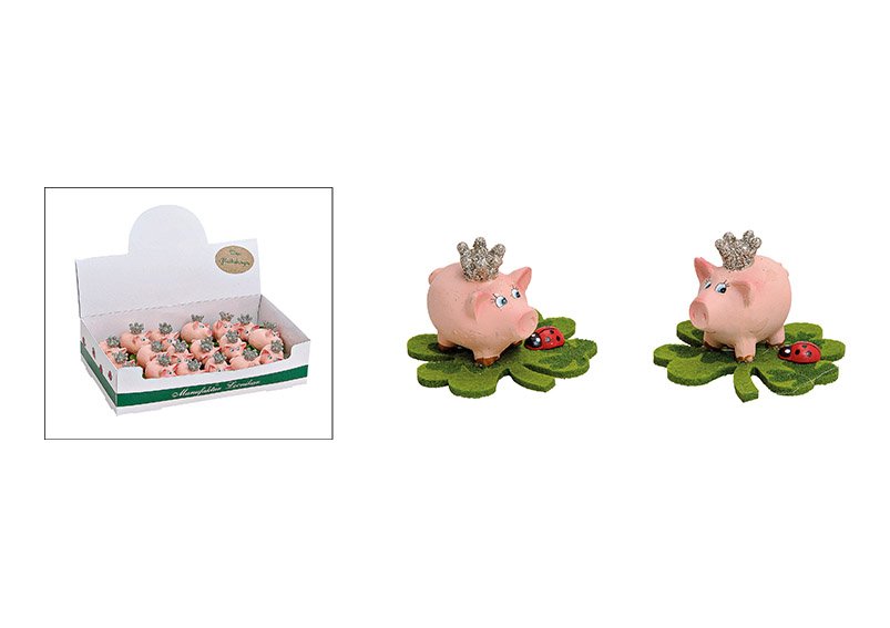 Petit cochon avec couronne sur feuille de feutre à coller en poly rose/rose (L/H/P) 5x4x5cm