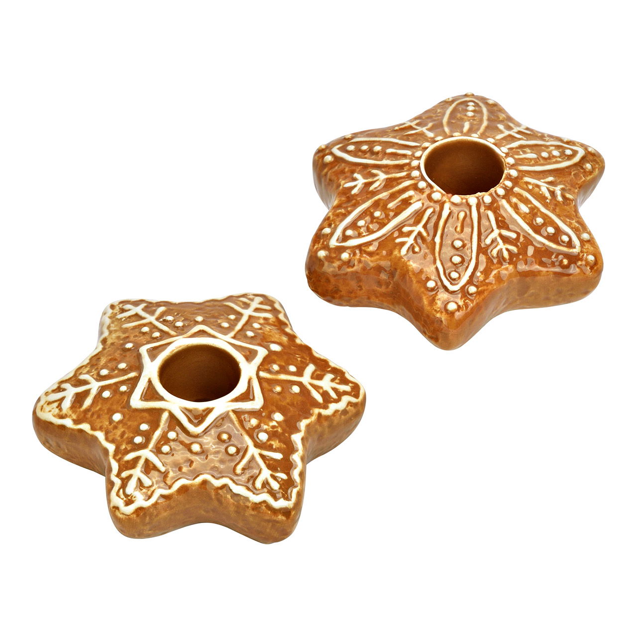 Bougeoir Pain d'épices en forme de flocon de neige en porcelaine, 2 fois, brun (L/H/P) 9x9x3cm Essen, Süßigkeiten, Rauchrohr, Plätzchen