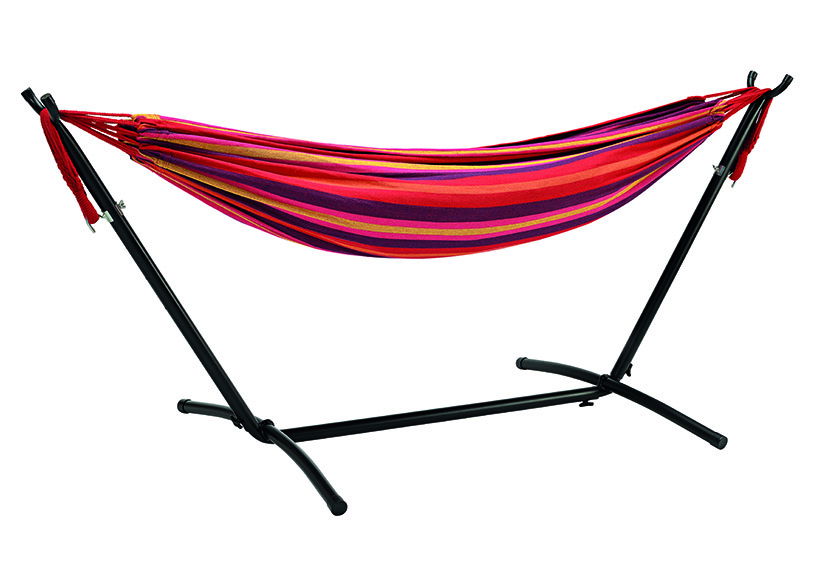 Hammock set, stander 260x100x100cm, stee tube dia 42mm, max weight 200 kgs, hammock size 200x150cm, rope size 285cm x4cm, set of 2, packing each piece packed in a black carry bad, then in brown master carton