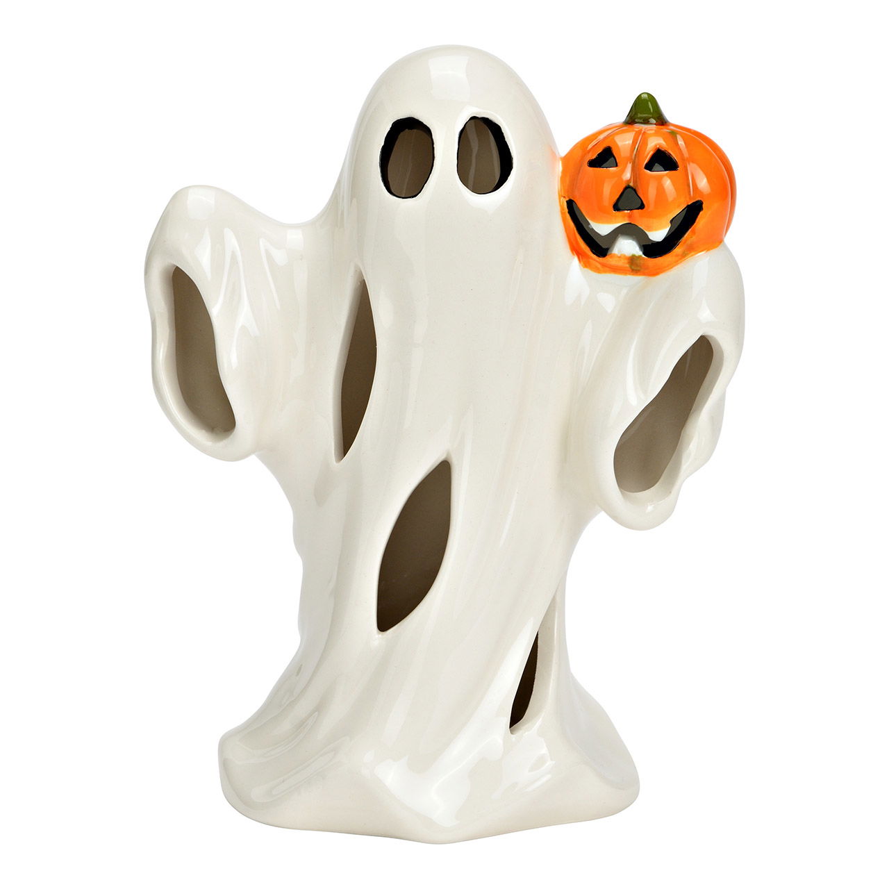 Figura fantasma con zucca con LED in ceramica, bianco/arancio (L/H/D) 12x16x9cm Funzionamento a batteria 2xLR44 non inclusa