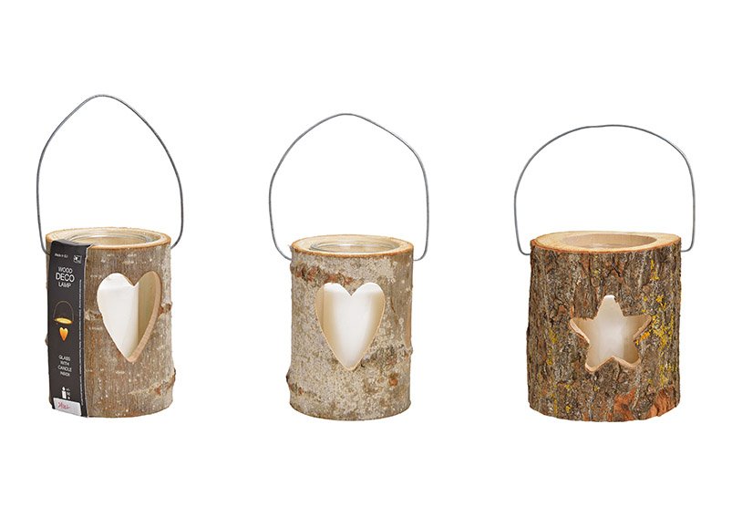 Lanternes, coeur, décor étoile, avec verre, bougie verre 10x13cm, bougie 6,5x8cm en bois brun, 2 fois, (L/H/P) 16x18x16cm