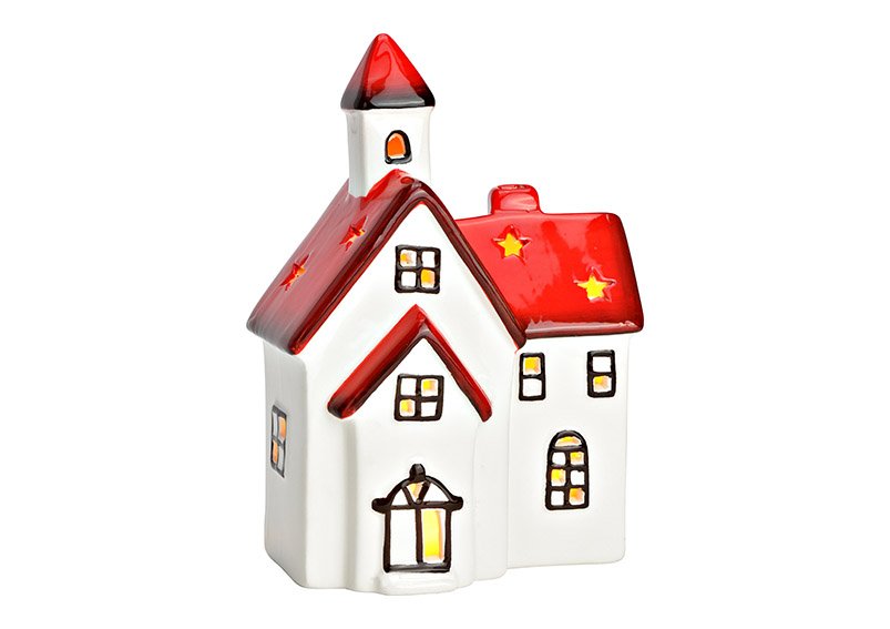 Portacandelitas casa cerámica blanco, rojo (A/A/A) 12x18x7cm