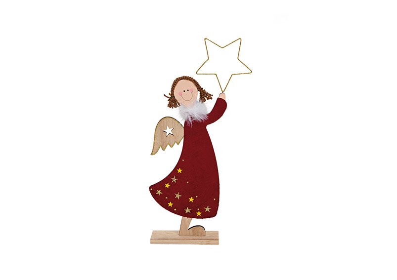 Angel with metal star made of wood, textile bordeaux (w / h / d) 19x38x5cm