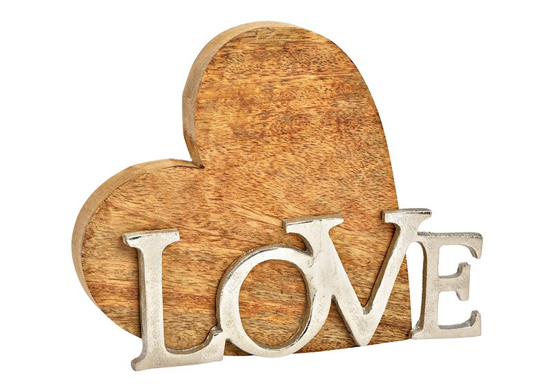 Soporte de corazón, con letras de metal, LOVE de madera de mango natural (A/H/D) 22x17x4cm
