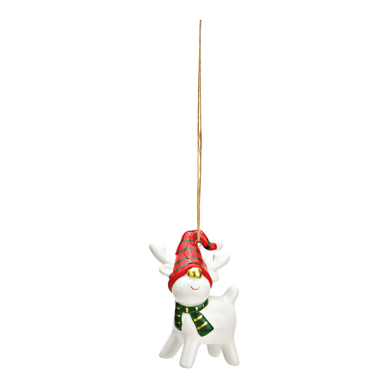 Hangend rendier met kerstmuts van rood keramiek (B/H/D) 6x8x3cm