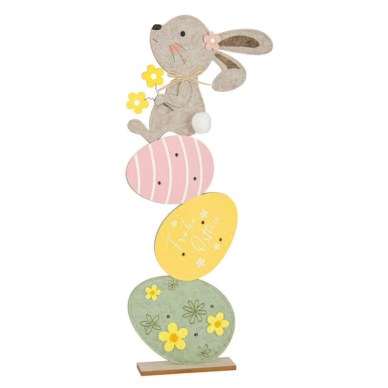 Lapin sur des œufs de Pâques en feutre multicolore (L/H/P) 28 x 70 x 6 cm, hors 2 piles CR2032 Osterhase, Osterdeko, bunte Eier, Blumen, Halterdekoration
