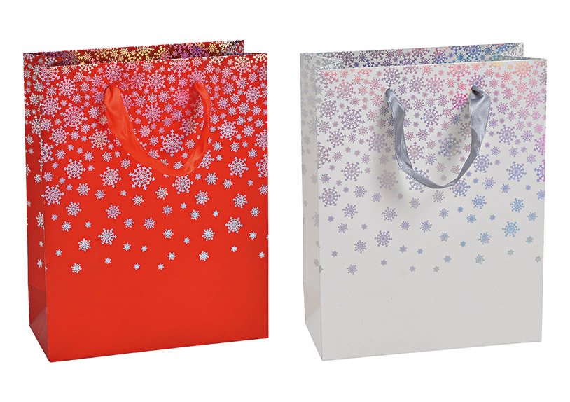 Bolsa de regalo decoración de copos de nieve de papel/cartón rojo, blanco de 2 pliegues, (c/h/d) 18x23x8cm