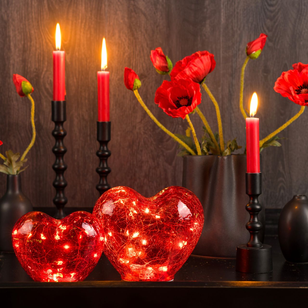 Cuore con 20 LED con timer in vetro Rosso (c/h/d) 18x15x11cm