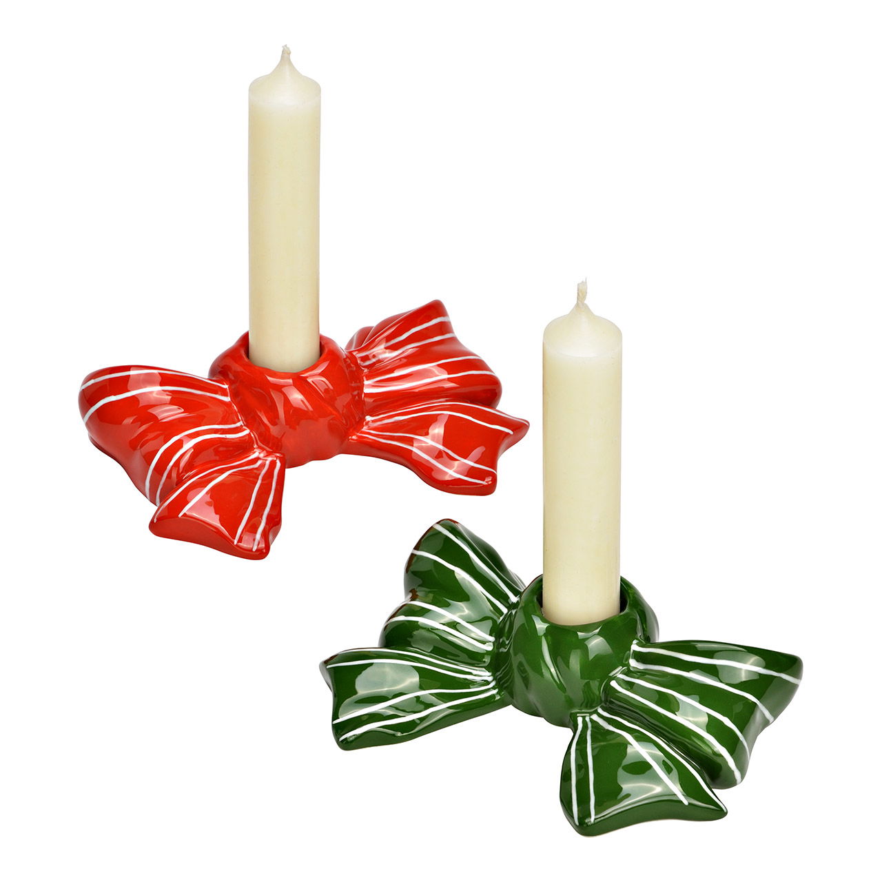 Kerzenhalter Schleife aus Keramik, 2-fach, Grün/Rot (B/H/T) 13x10x3cm Kerze, Rauchrohr, Kerzenständer