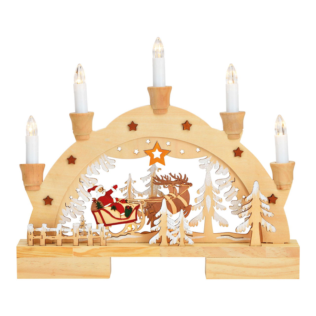 Candle arch Santa Claus sleigh with 5 LEDs made of natural wood (W/H/D) 32x27x5cm