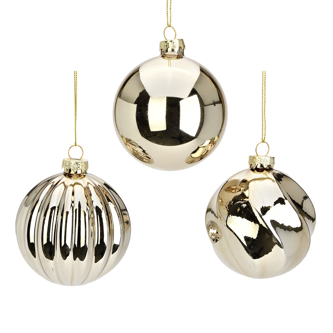 Weihnachtskugel aus Glas Champagner Gold 3-fach sortiert (B/H/T) 8x8x8cm Zubehor, Ohrring, Schmuck