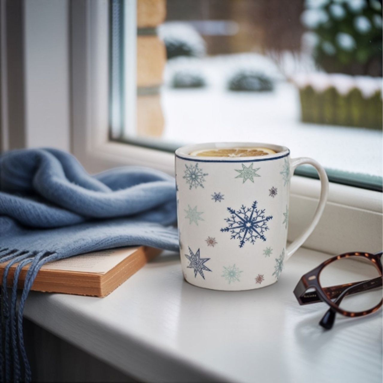 Mug snowflake decor made of porcelain turquoise, white, gold 2-fold, (W/H/D) 12x10x8cm 300ml