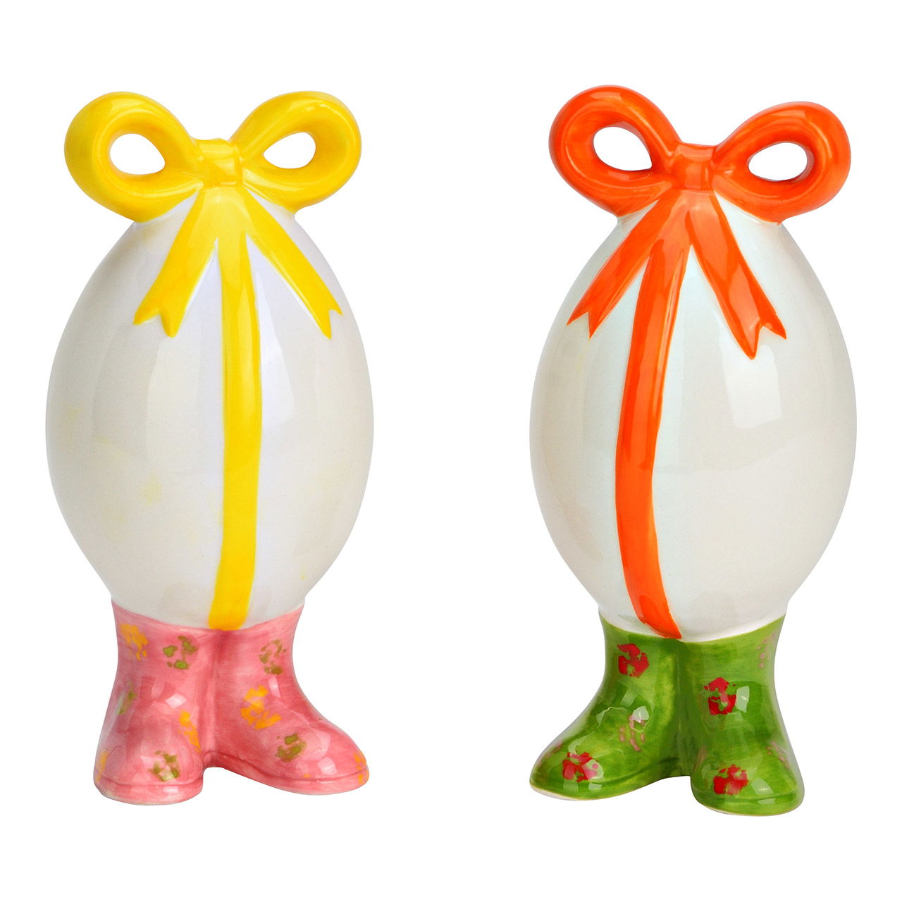 Osterei mit Schleife auf Füßen aus Keramik, 2-fach, Gelb/Orange (B/H/T) 6x13x6cm Kunst, Porzellan, Töpferei