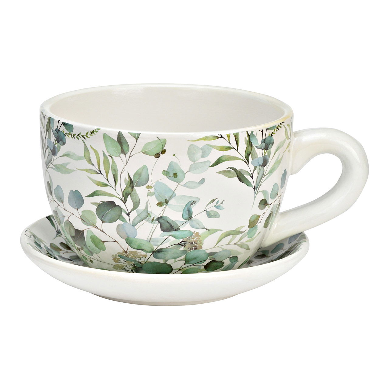 Pot de fleurs tasse décor eucalyptus en céramique vert (L/H/P) 20x12x15cm