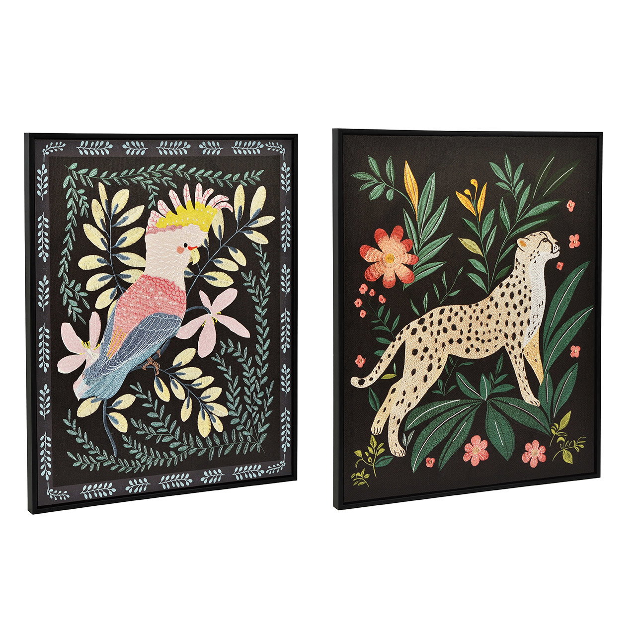 Tableau mural sur châssis « Léopard/Cacatoès » avec cadre en bois multicolore, assortiment de 2 modèles (L/H/P) 40x50x2 cm Tapete, Vogel-Motiv, Leopard, Blumenrahmen, Gerahmte Wandkunst