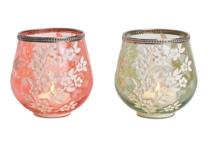 Lantaarn glas bloem decor, gekleurd 2-voudig, (w/h/d) 13x13x13cm
