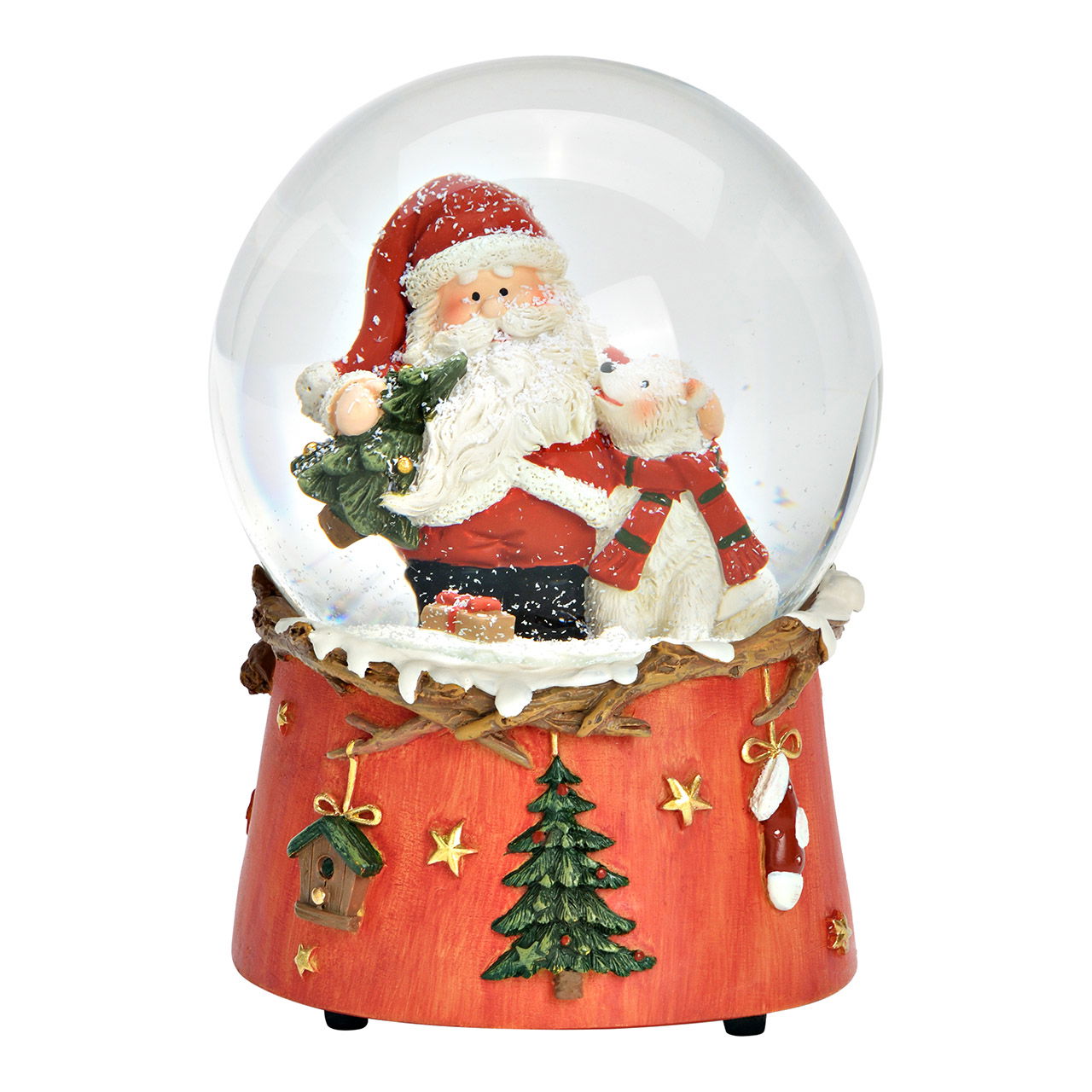 Boîte à musique/boule de neige Père Noël avec ours en poly/verre, rouge (L/H/P) 10x14x10cm