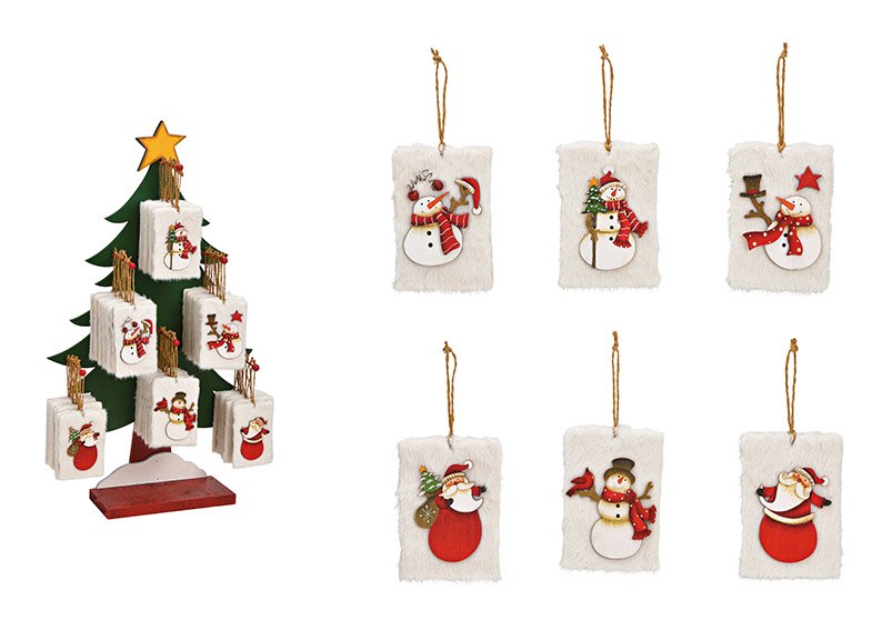Kersthanger sneeuwpop decor van hout wit 6-voudig, (w/h/d) 7x10x1cm, 48 st. op display boom 33x59x11cm